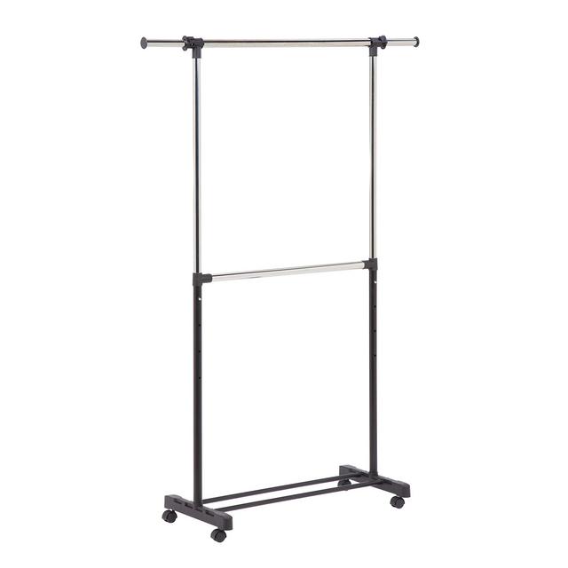 Honey-Can-Do GAR-01767 Dual Rod Expandable Garment Rack with Wheels, ,Black,60in L x 17in W x 73in H