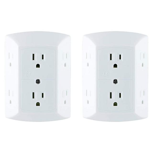 GE 6 Outlet Wall Plug Adapter Power Strip 2 Pack, Extra Wide Spaced Outlets, Power Adapter, 3 Prong, Multi Outlet Wall Charger, Quick & Easy Install, White, 40222