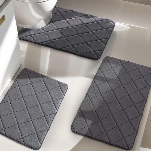 YIHOUSE Bathroom Rug Set 3 Piece, Ultra Soft Memory Foam Bathroom Mat Set Non Slip, Machine Wash Bath Rug Set 3 Piece Water Absorbent for Bathroom, Toilet(Dark Grey)