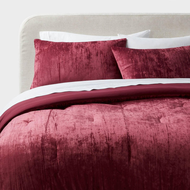 3pc King Luxe Distressed Crinkle Velvet Comforter and Sham Set Berry Red - Threshold™