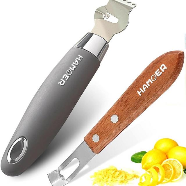 HAMOER Citrus Lemon Zester & Channel Knife Tool for Kitchen Bar, Stainless Steel Blade, Ergonomic Design, Wooden Handle & Rubber & Plastic Handle Set Tool