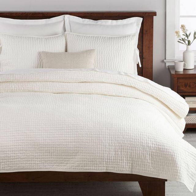 Classic Ivory Pick-Stitch Handcrafted Cotton/Linen Quilt, Twin
