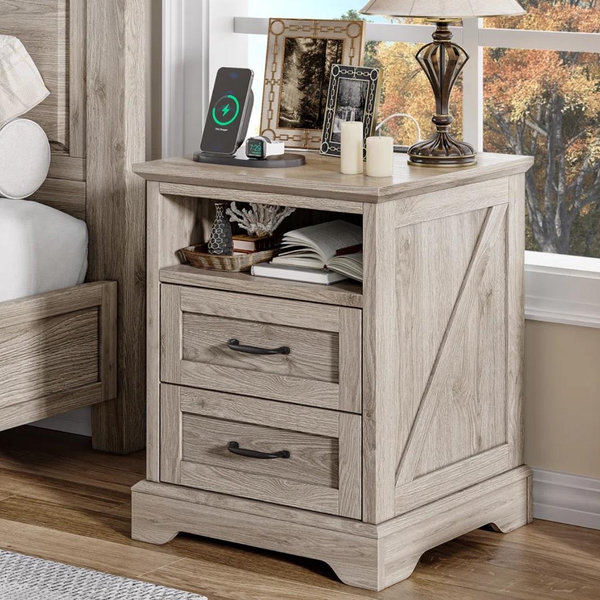 August Grove® Farmhouse Nightstand with Charging Station, 2 Drawers Bed Side Table, 18 inch Wide End Table for Bedroom, Living Room & Reviews | Wayfair
