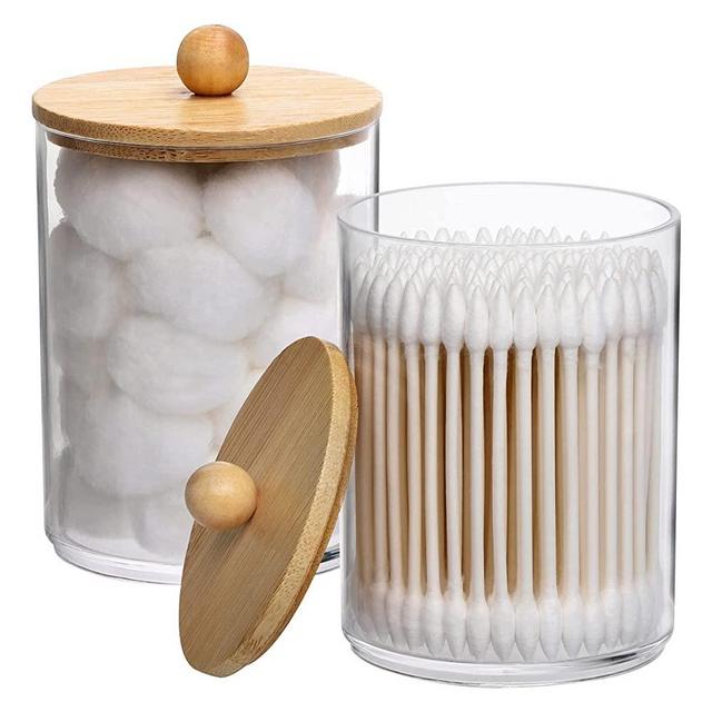 Tbestmax 10-Ounce Qtip Holder Bathroom Jars Canisters for Cotton Ball Swab Pad Storage Dispenzer, Bamboo Lid (2 Pack)