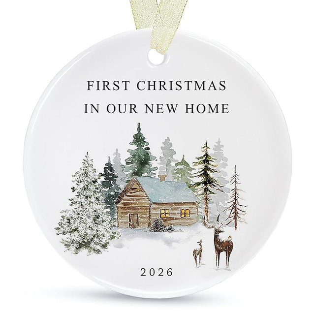 First Christmas in New Home Ornament 2026, First New Home Ornament New House Our First House Housewarming Christmas Ornaments Round Ceramic with Gift Box&Ribbon 2.9"
