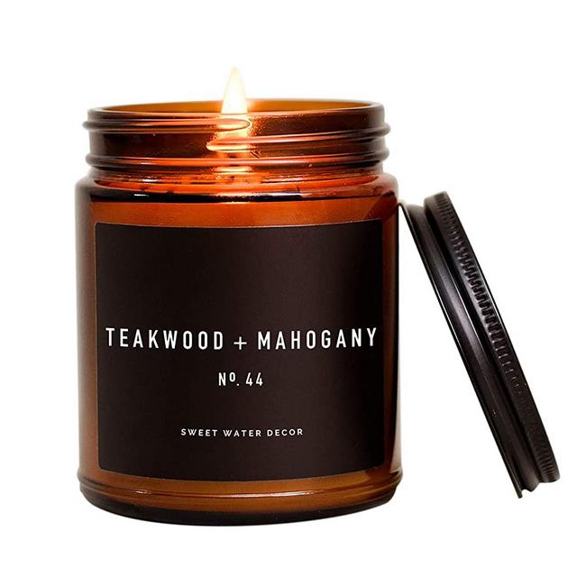 Sweet Water Decor Teakwood + Mahogany Candle | Lavender Geranium Wood Scented Soy Candles for Home | Gifts for Women, Men, Housewarming | 9oz Amber Glass Jar, 40 Hour Burn Time