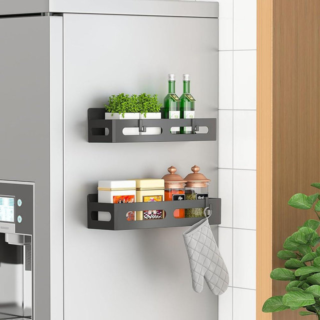 Sevenblue 2 Pack Strong Magnetic Spice Rack for Refrigerator, Multipurpose Magnetic Shelf for Fridge with 4 Hooks for kitchen and Bathroom Organization, Black