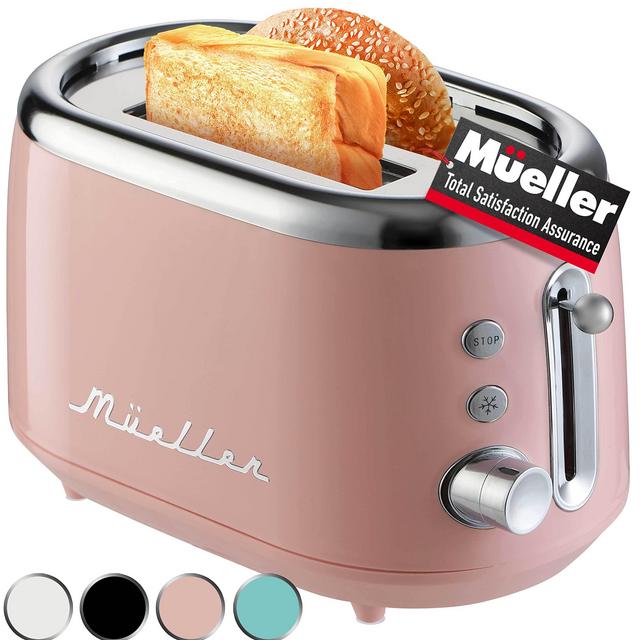 Mueller Retro Toaster 2 Slice with 7 Browning Levels and 3 Functions: Reheat, Defrost Cancel, Stainless Steel Features, Removable Crumb Tray, Under Base Cord Storage, Pink