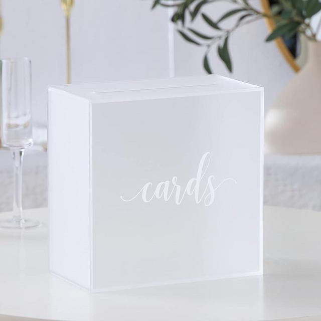 UNIQOOO Frosted Acrylic Wedding Card Box with Slot, Large 10x10x5.5 inch w/White Print | Wedding Receptions Wishing Well Money Box, Birthdays, Memory Box