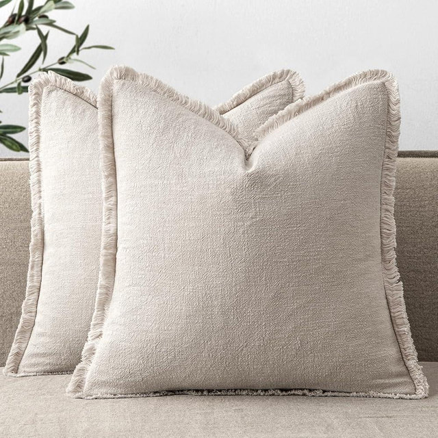 ANRODUO Set of 2 Decorative Throw Pillow Covers 18×18 Inch Soft Linen Fringe Farmhouse Boho Vintage Cushion Covers with Tassels Accent Pillowcase for Couch Sofa Bed Living Room Decor Natural Beige