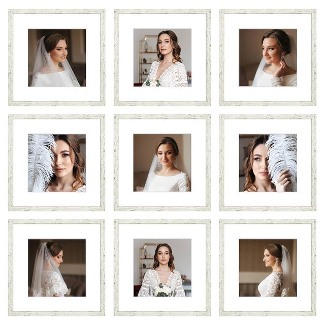 BSRHOME 12x12 Picture Frame Set of 9, Display Pictures 8x8 with Mat or 12x12 without Mat, Multi Collage Gallery Square Photo Frames for Wall or Tabletop, Distressed White