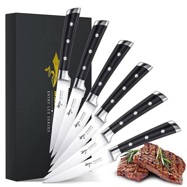 MAD SHARK Steak Knives Set of 6, Premium 4.5-inch Serrated Steak Knife Set, Ultra Sharp German High Carbon Stainless Steel Triple Rivet Collection 6-Piece Kitchen Steak Knife Set with Gift Box