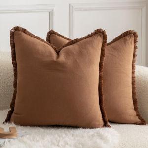 Set of 2 Neutral Cotton Fringe Throw Pillow Covers - 22x22 Inch Brown