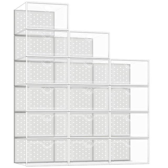 Pinkpum 15 Pack X Large Shoe Storage Boxes Fit Size 12, Shoe Organizer for Closet Clear Plastic Stackable Shoe Dispaly Case Holder Bins, Sneaker Storage for Sneakerheads White