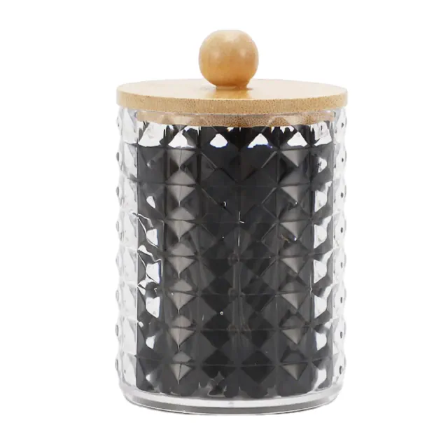 Unique Bargains Square Diamond Pattern Acrylic Bamboo Wood Cotton Swab Jar Clear Wood Color 1 Pc