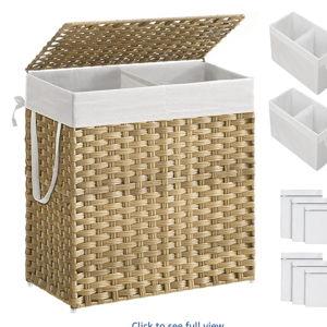 SONGMICS Laundry Hamper with Lid, 110L Clothes Hamper with 2 Removable Liner Bags, 6 Mesh Bags, Wicker Laundry Basket, Double Laundry Hamper for Bathroom, 13 x 22.4 x 23.6 Inches, Natural ULCB52NL