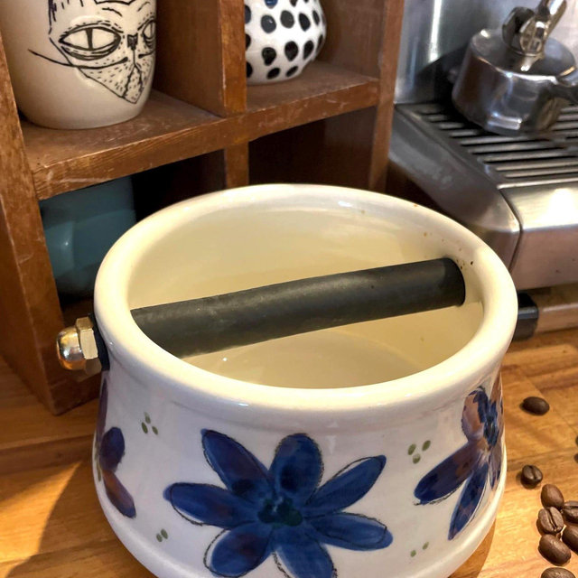 Knock box handmade in white porcelain with hand painted design with blue flowers
