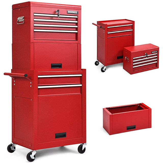 Goplus 6-Drawer Rolling Tool Chest w/Riser, 3 in 1 Rolling Tool Box w/Keyed Locking System, Detachable Top Box, Side Handle, Toolbox Organizer for Workshop Garage (Red)