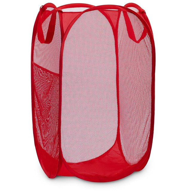 Handy Laundry Collapsible Mesh Pop Up Hamper with Wide Opening and Side Pocket – Breathable, Sturdy, Foldable, and Space-Saving Design for Clothes and Storage. (Red)