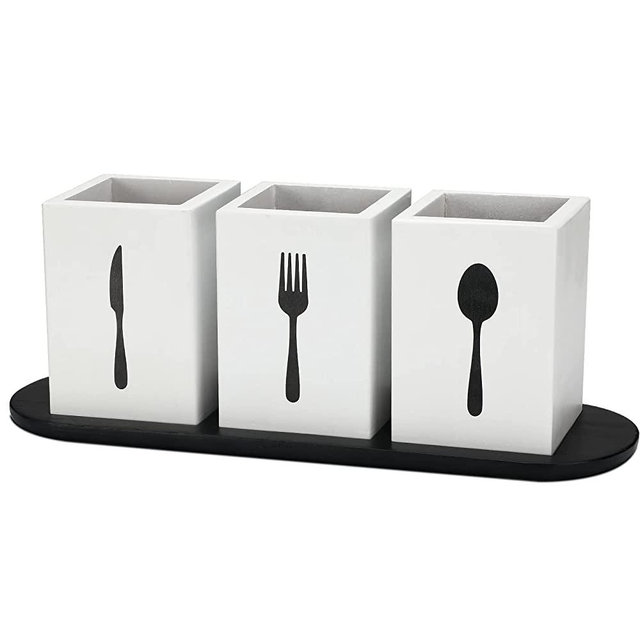4 Pieces Silverware Caddy with Wood Tray Wooden Silverware Organizer Cutlery Silverware Holder Countertop Utensil Caddy Flatware Organizers Spoon and Fork Holder for Knives Restaurant Kitchen Storage