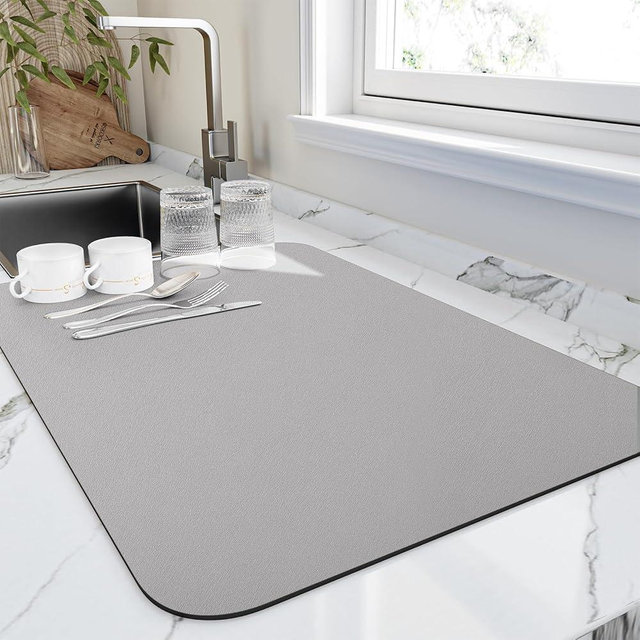 HotLive Dish Drying Mat for Kitchen Counter, Heat Resistant Drainer Mats with Non-slip Rubber Backed, Hide Stain Kitchen Super Absorbent Draining Mat, Easy to Clean Dish Rack Pad, Grey 18"x24"