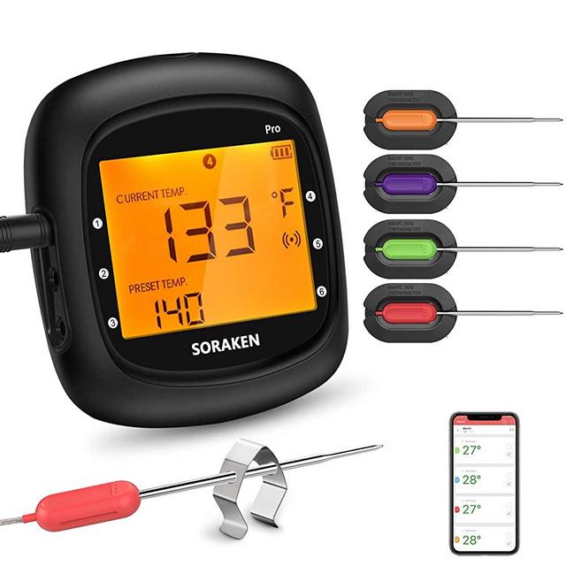 Wireless Meat Thermometer with 4 Probes Digital Grill Thermometer, Bluetooth Grill BBQ Meat Thermometer 190ft Kitchen Barbecue Cooking Food Meat Thermometer for Barbecue, Oven, Smoker (Black)