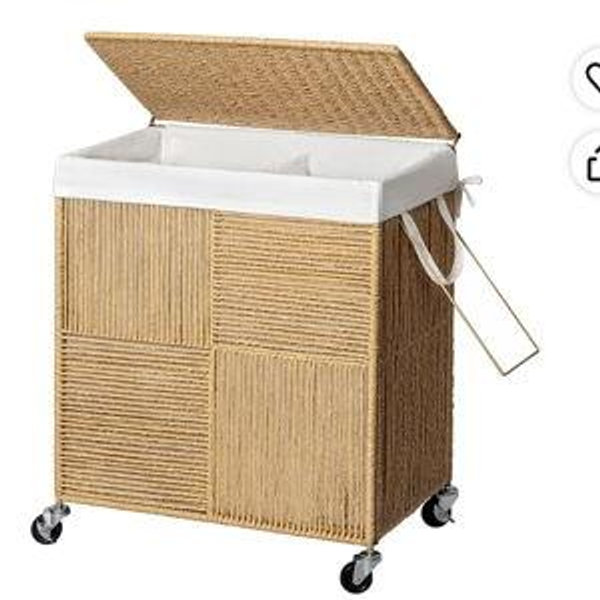 Natural Wood Color - WOWLIVE Double Laundry Hamper with Lid, Handwoven Rolling Laundry Basket with Wheels, 115L Dirty Clothes Hamper with Removable Liner Bag Large Capacity Laundry Sorter Laundry Room Organization,Natural