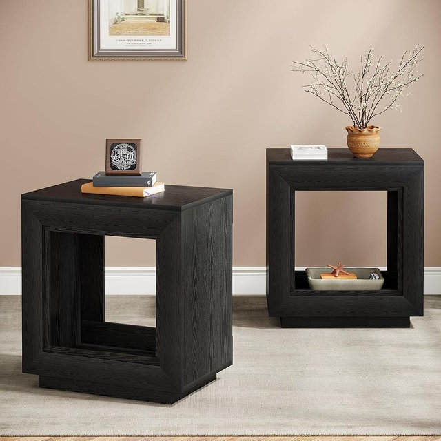 Tribesigns Rustic Wood End Table, 2 Tiered Square Side Table with Storage Shelf, Industrial Sofa Side Table for Living Room, Entrance (2, Black)