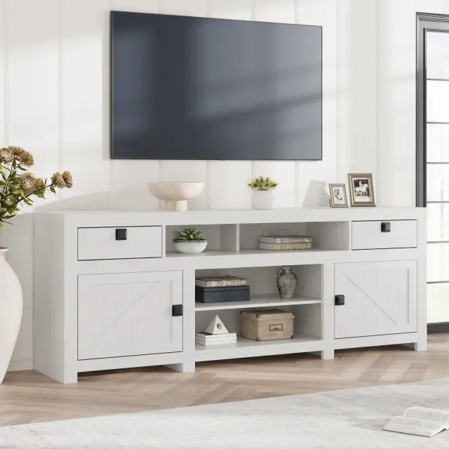 Farmhouse TV Stand for 75/80 Inch TVs, Long Entertainment Center w/ 4 Storage Drawers&3 Open Shelf, White Television Consoles Stands for living room