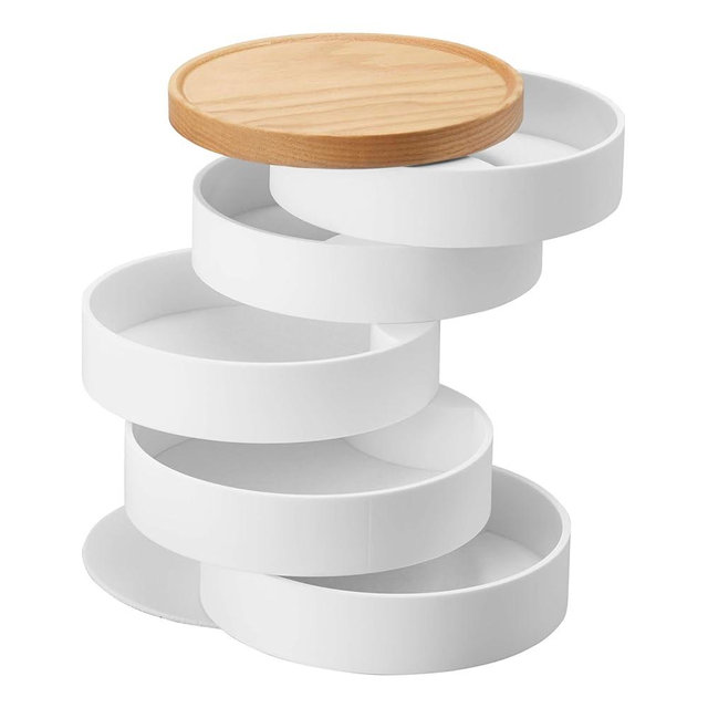 Yamazaki Home Tosca Stacked Accessory Trays With Wooden Lid - Open - Abs Plastic, One Size, White