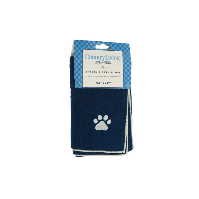 Country Living Large Marine Blue Microfiber Dog Bath Towel - Quick-Drying, Absorbent, and Durable, Machine Washable, Embroidered Paw Print, 48" x 22"