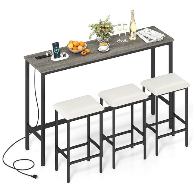 COSTWAY 4 Pieces Counter Height Bar Table Set with Power Outlet, 60" Farmhouse Modern Dining Table w/ 3 Padded Stools, Long Kitchen Island Table and Upholstered Chairs for Breakfast Nook, Small Spaces
