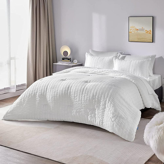 CozyLux Full Bed in a Bag White Seersucker Comforter Set with Sheets 7-Pieces All Season Bedding Sets with Comforter, Pillow Sham, Flat Sheet, Fitted Sheet and Pillowcase