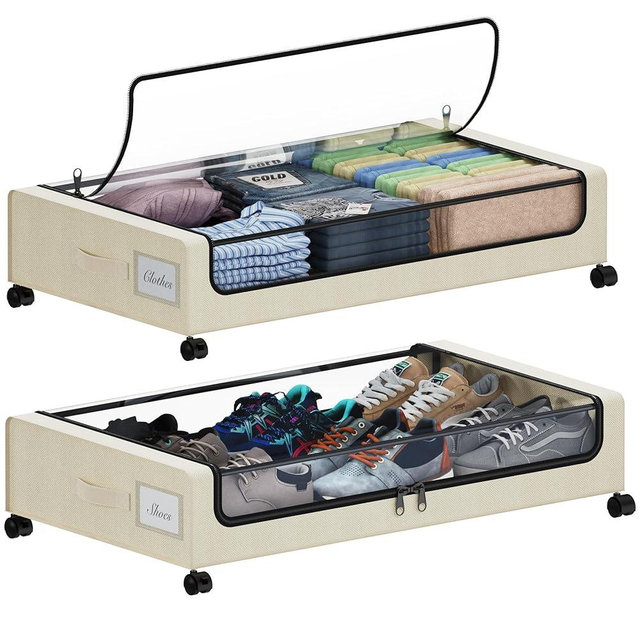 Tututry Under Bed Storage with Wheels, XXL 60L Under the Bed Storage Bins, Underbed Storage Containers with Lids & Label, Rolling Metal Drawer for Shoes, Clothes, Books, Toys (2-Pack Beige)