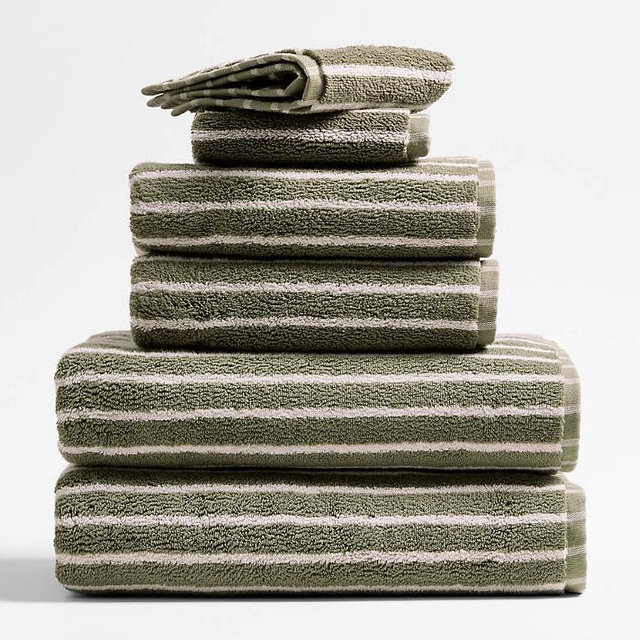 Crate & Barrel - Organic Turkish Cotton Shadow Sage and Pampas Ivory Stripe Bath Towels, Set of 6