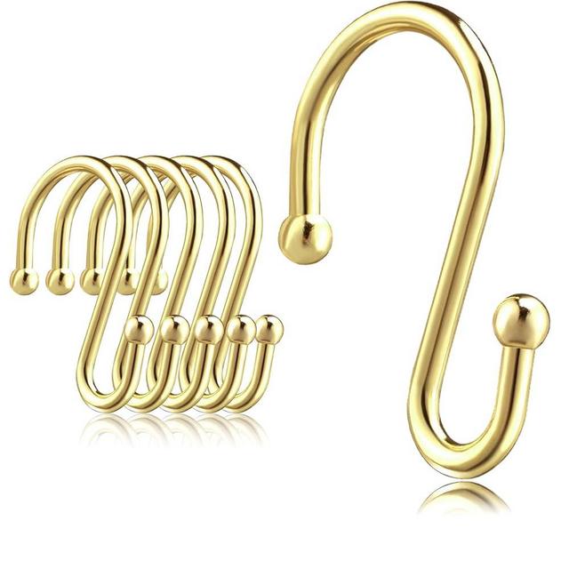 BellRhein Shower Curtain Hooks Rings, 12 Pack Metal S Hooks Rust Proof for Hanging Bathroom Shower Curtain Liner/Outer Curtains, Clothing Jeans Plants Hooks (Golden)