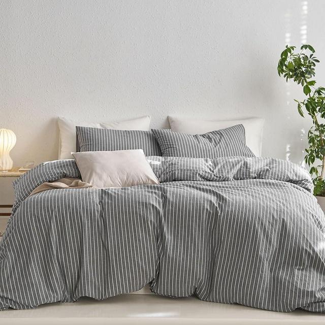 MooMee Striped Duvet Cover Set 100% Washed Cotton Linen Like Textured Breathable Durable Soft Comfy (Dark Grey White Wide Stripes, King 104"x90")
