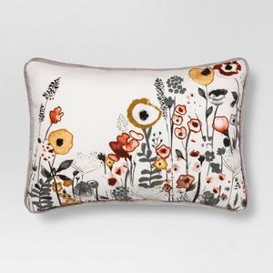 White Floral Watercolor Embroidered Lumbar Pillow - Threshold™