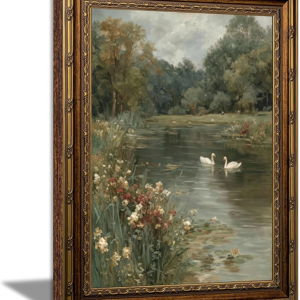 Vintage Framed Landscape Wall Art, Impressionist Swan Lake Landscape Oil Painting, Antique Gold Ornate Frame, Classical Nature Pond Canvas Decor for Living Room, Bedroom, Office 11" L x 9" W