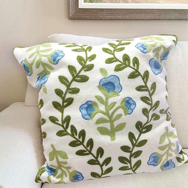 Alysheer Flower Embroidered Farmhouse Decorative Throw Pillow Cover 18"x 18", Cottage Floral Green Leaves Knit Pattern, 100% Cotton Canvas Cushion Case for Sofa Couch Bedroom Decor(Blue Flowers)