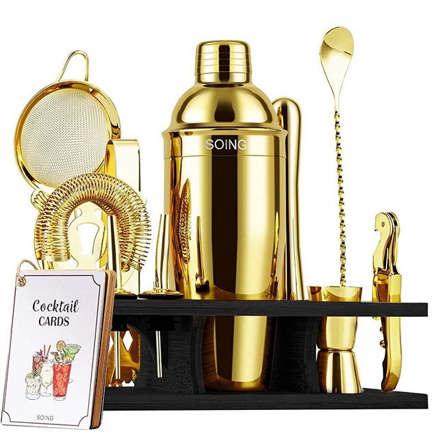 SOING 11-Piece Mixology Bartender Kit with Stand,Bar Kit Cocktail Shaker Set with All Essential Accessories:Martini Shaker,Spoon,Muddler,Strainer,Jigger,Tongs,Liquor Pourers