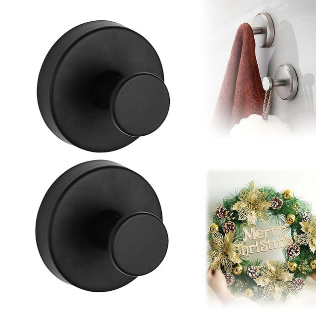 Suction Cup Hooks for Wreaths on Glass, Upgrade No-Drill Shower Hooks for Shower, Removable Reusable Stainless Steel Waterproof Suction Cup Hook for Bathroom, Kitchen, Window, Mirror (Black, 2PCS)
