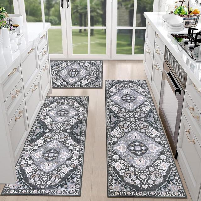 HEBE Farmhouse Kitchen Rugs Sets of 3 Non Slip Washable Boho Kitchen Rugs and Mats for Floor Kitchen Runner Rug Floor Carpet for Kitchen, Laundry, Hallways
