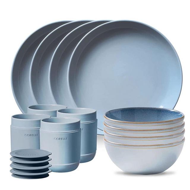 Corelle Stoneware 16-pc Dinnerware Set, Nordic Blue, Solid and Reactive Glazes, Service for 4