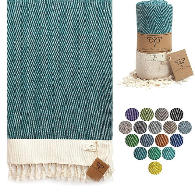 Smyrna Herringbone Series Original Turkish Beach Towel | 100% Cotton, Prewashed, 37 x 71 Inches | Peshtemal and Turkish Bath Towel for SPA, Beach, Pool, Gym and Bathroom (Petrol)