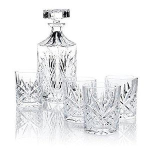 James Scott 5 PC crystal Bar Set, for Whiskey, Wine, and Liquor. This Irish Cut whiskey Set, includes a Decanter 750ml (with Full Glass Ground Stopper), and 4 x 8 oz. crystal DOF Glasses.