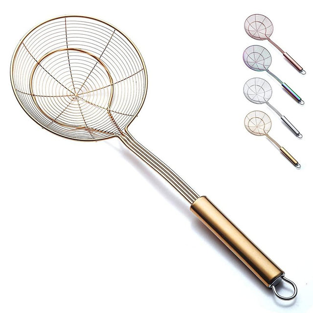 Gold Strainer Spider Skimmers For Kitchen,Kyraton Stainless Steel Titanium Gold Plating Slotted Spoon Pasta Strainers Tomato Food Strainer Skimmer Ladle For Kitchen Cooking and Frying Food