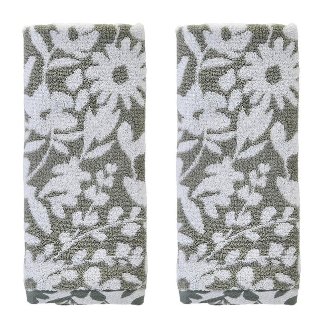 SKL Home Bedford Floral 100% Cotton Premium 2-Piece Hand Towel Set, 600 GSM, Soft & Absorbent, Reversible Jacquard, Decorative for Bath/Kitchen/Bar & Gift, Sage