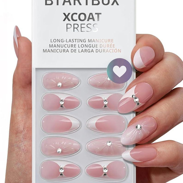 BTArtbox French Tip Press On Nails - Lamp-Curable 3D Medium Almond Press On Nails with Glue for Women, Semi-Transparent Soft Gel Glue On Nails in 15 Sizes - 30 Stick On Nails Kit, Prom Queen