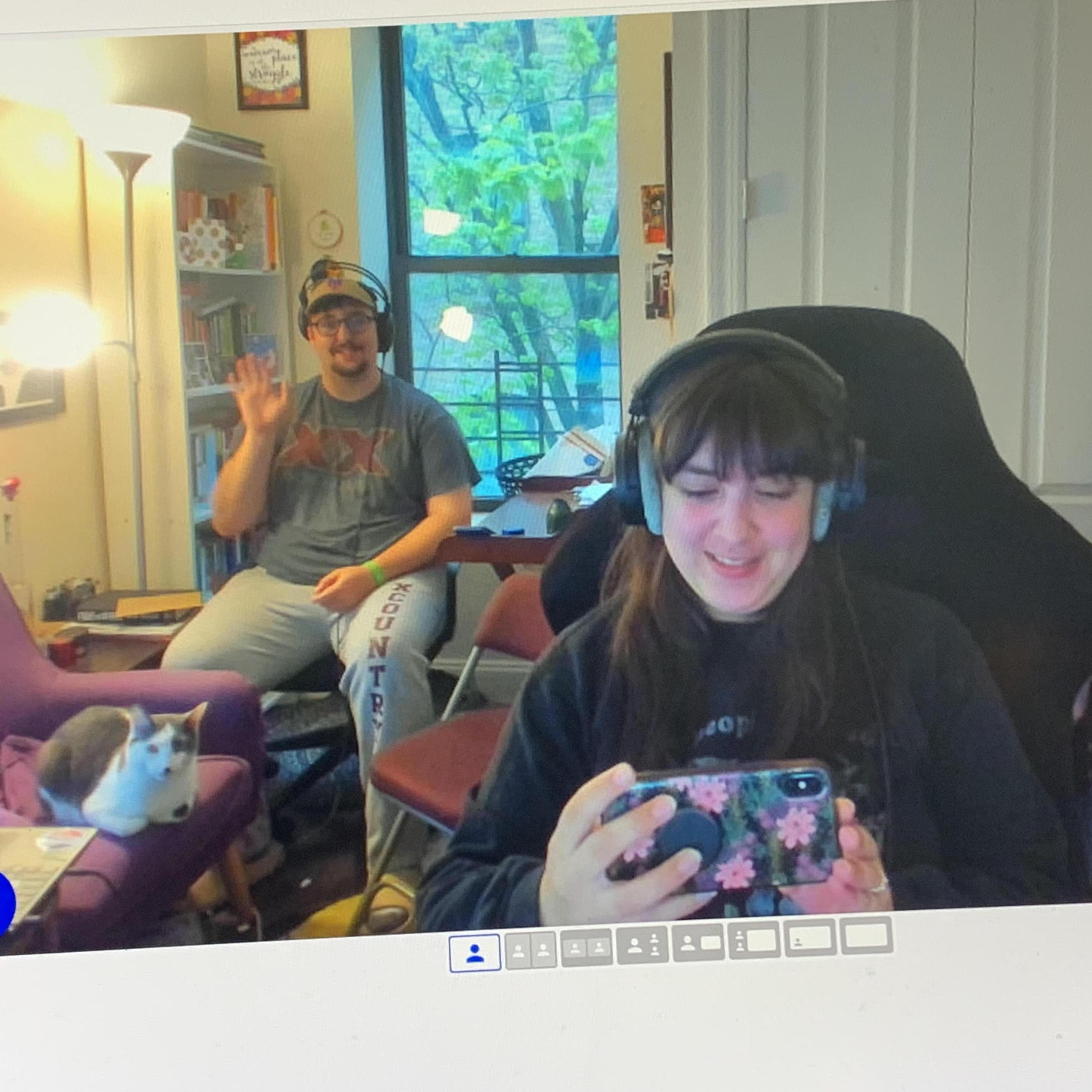 Recording Maria's podcast Leftist Teen Drama with producer Jeff and cat Vinny, May 2022.